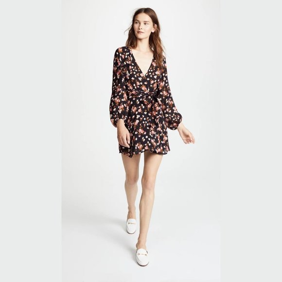 A.L.C. Carlo Silk Wrap V‎ Neck Floral Print Long Sleeve Mini Dress Size 14 Black - Picture 1 of 10